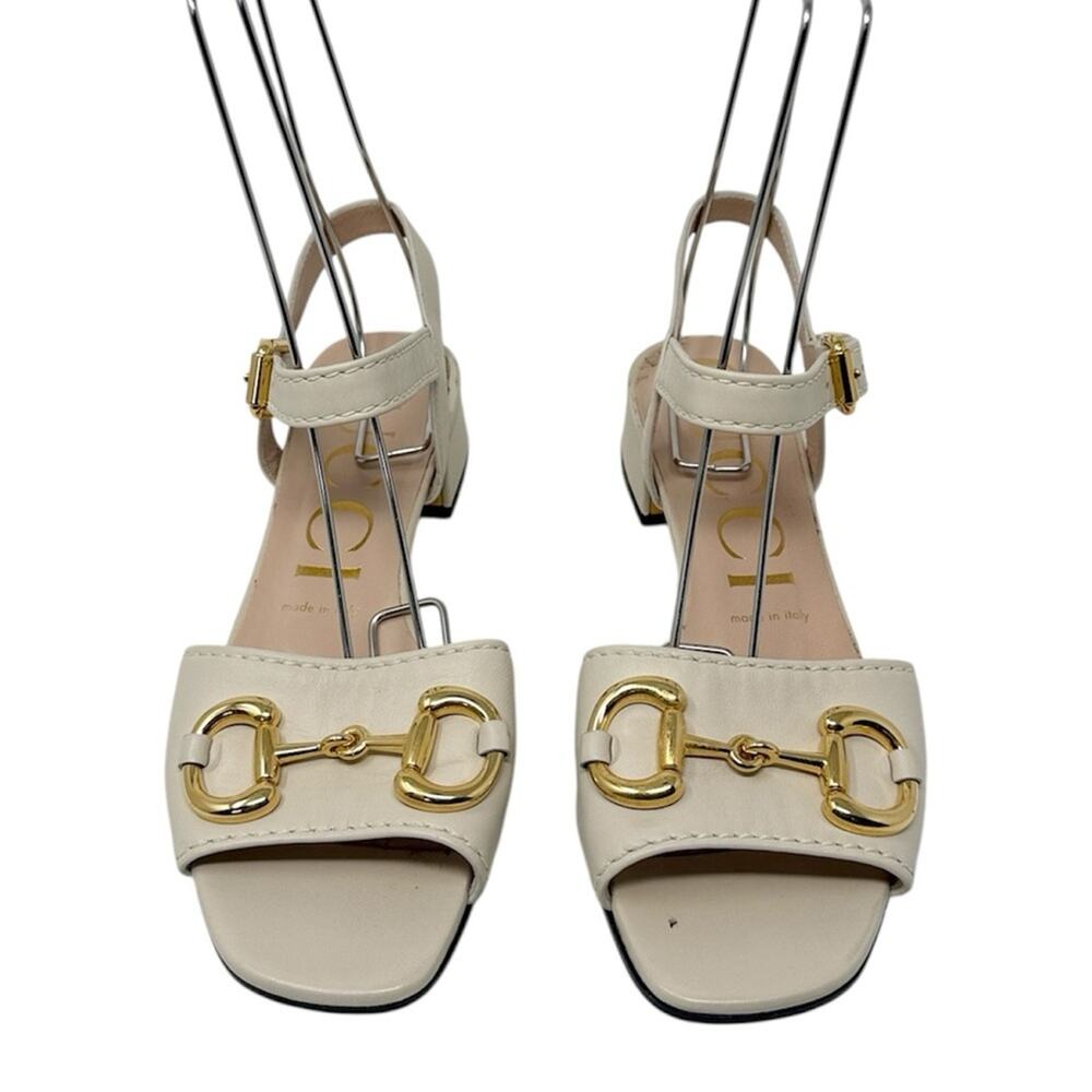 Gucci Baby Horsebit Leather Low Block Heel Sandals Mystic White Ivory Size 37.5